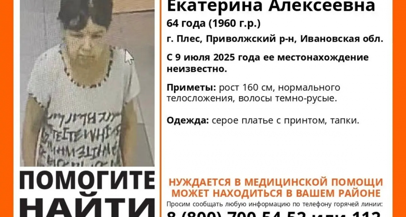 В Плёсе третий день ищут 64-летнюю Екатерину Кочетову с потерей памяти