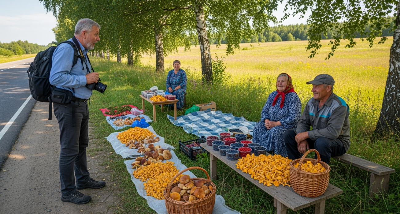 Туриста из Германии удивила торговля грибами и ягодами на обочинах дорог в России