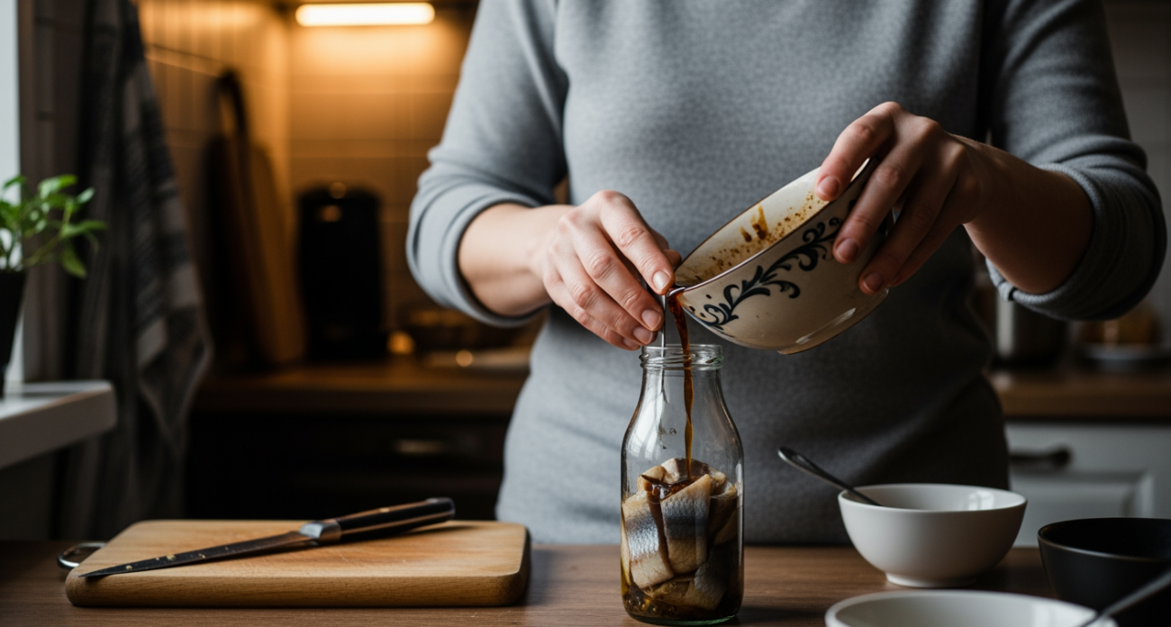 Помещаю селедку в банку с маринадом – получается копченый деликатес за час