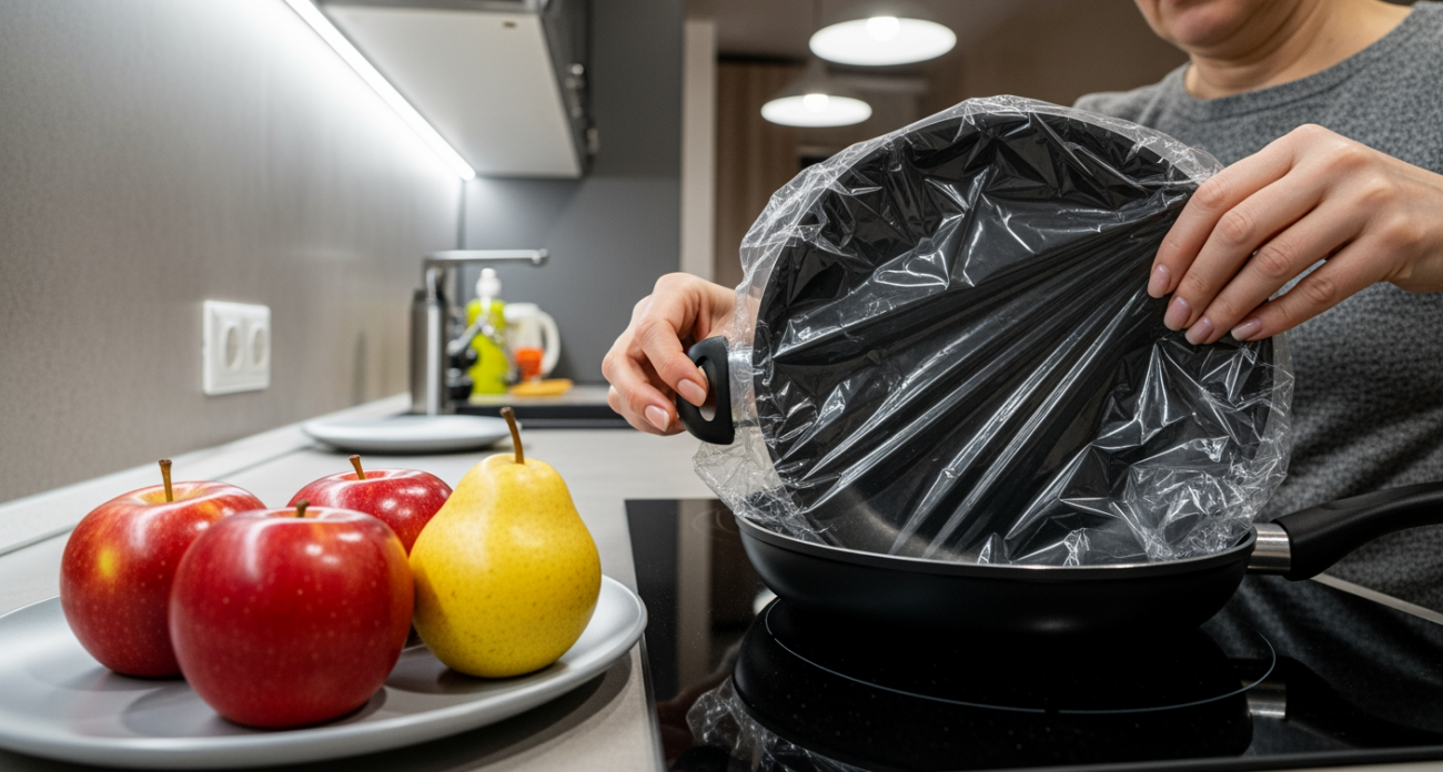 Сковороду в пленку - нагар слетает за секунду, посуда блестит, как новая, уже три недели ничего не пригорает