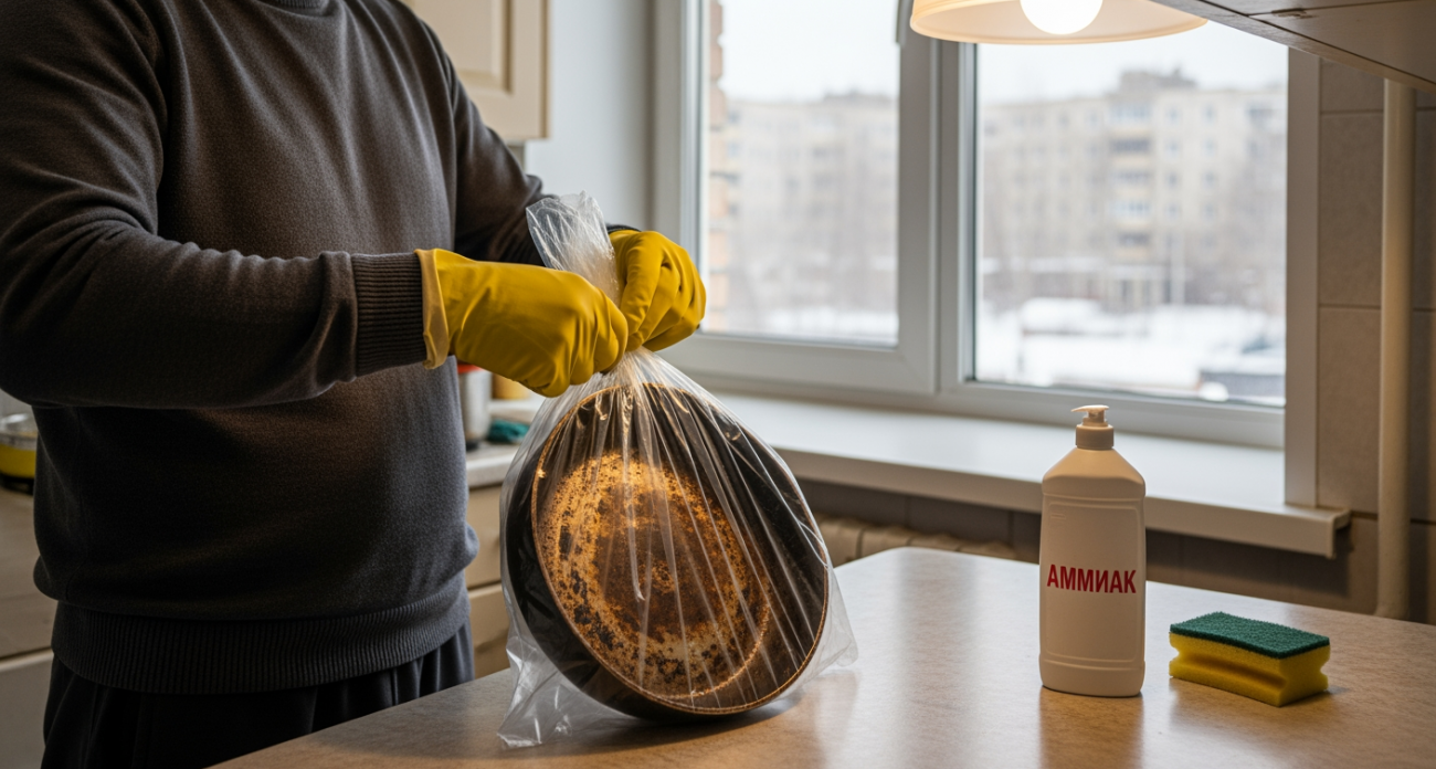 Обернула сковородку обычным пакетом из магазина и забыла про черноту на дне — теперь сияет как новенькая