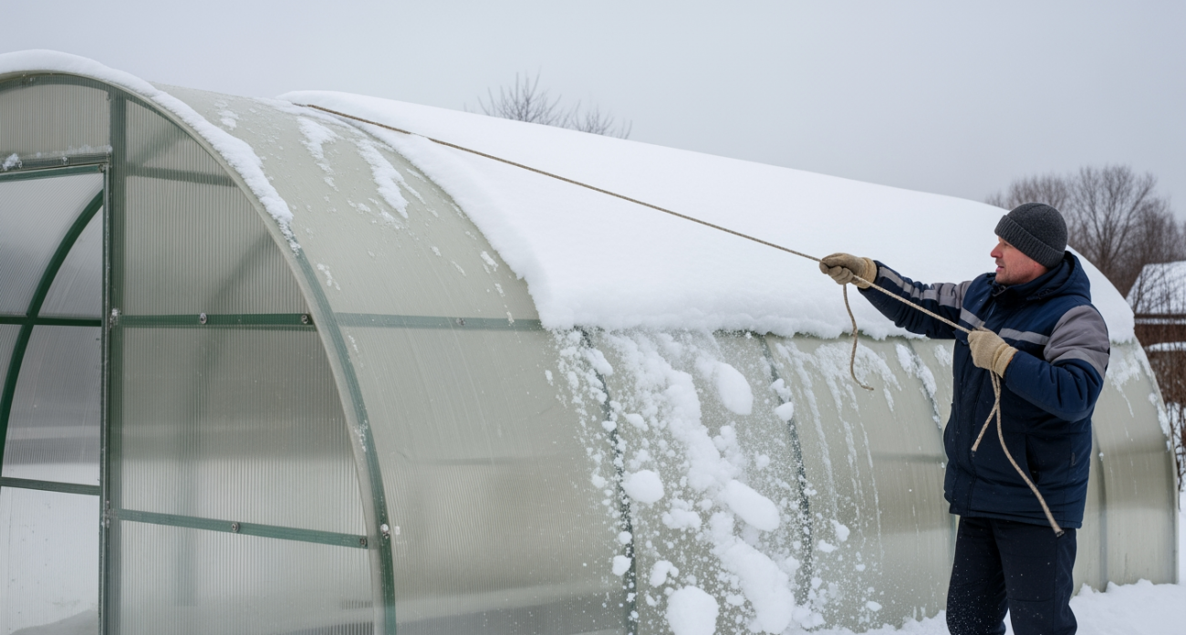 Старый трюк с веником поможет очистить теплицу от снега быстрее чем за минуту без усилий