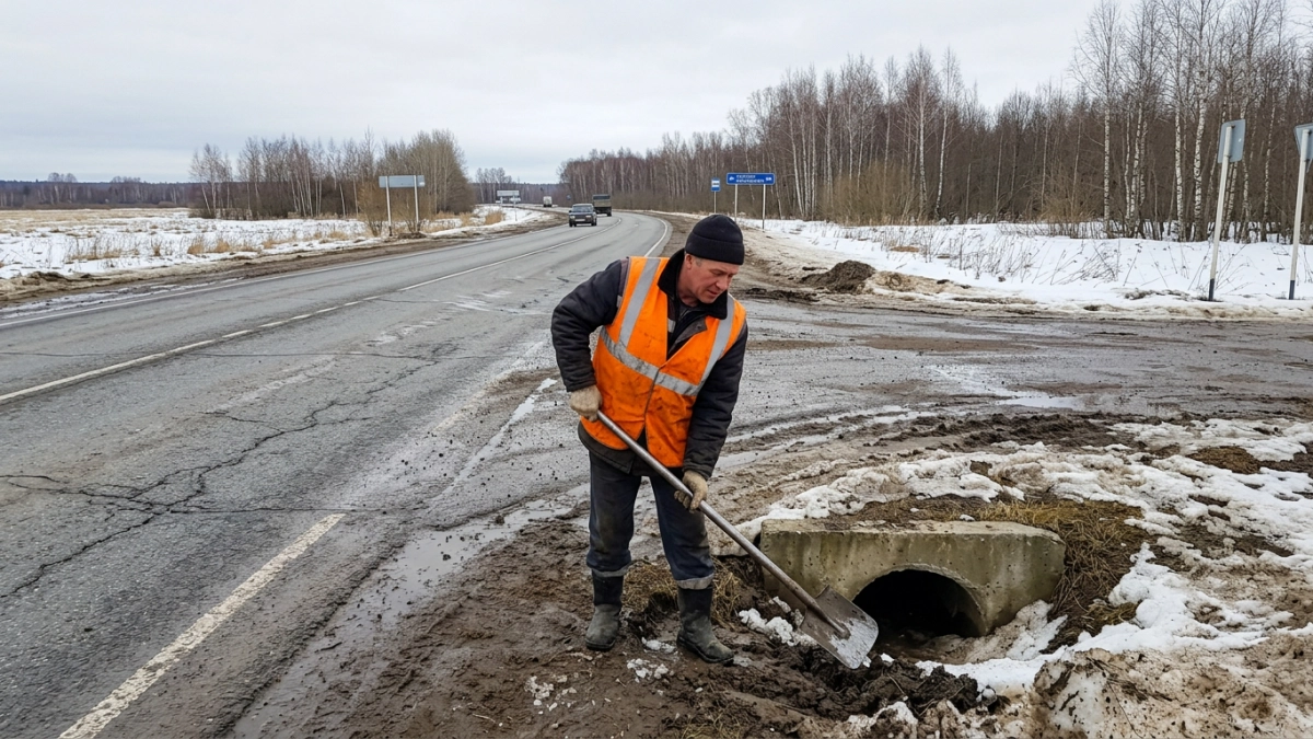 Забитая труба затопила трассу Иваново-Ярославль: экскаватор устраняет засор