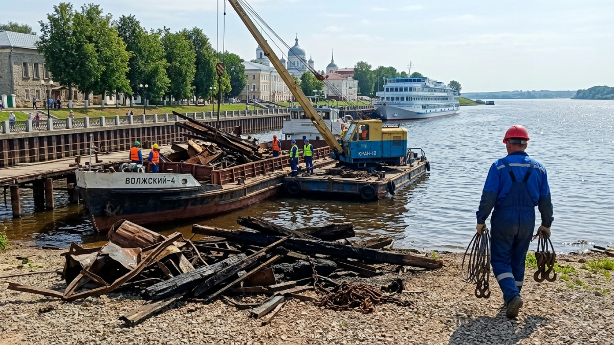 Со дна Волги в центре Кинешмы подняли 117 тонн обломков дебаркадера