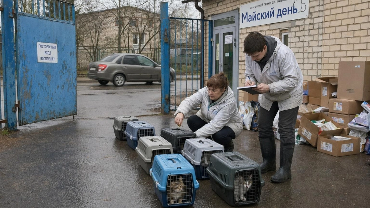 У ворот приюта бросили 15 кошек — взрослых и котят в переносках