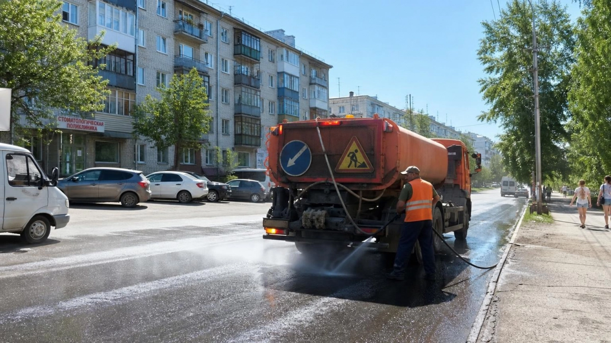 В Кинешме асфальт плавится на солнце — дороги поливают водой