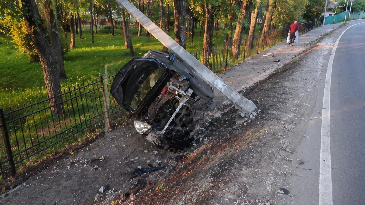 Под Кинешмой 21-летняя водитель Nissan Note врезалась в опору и попала в больницу