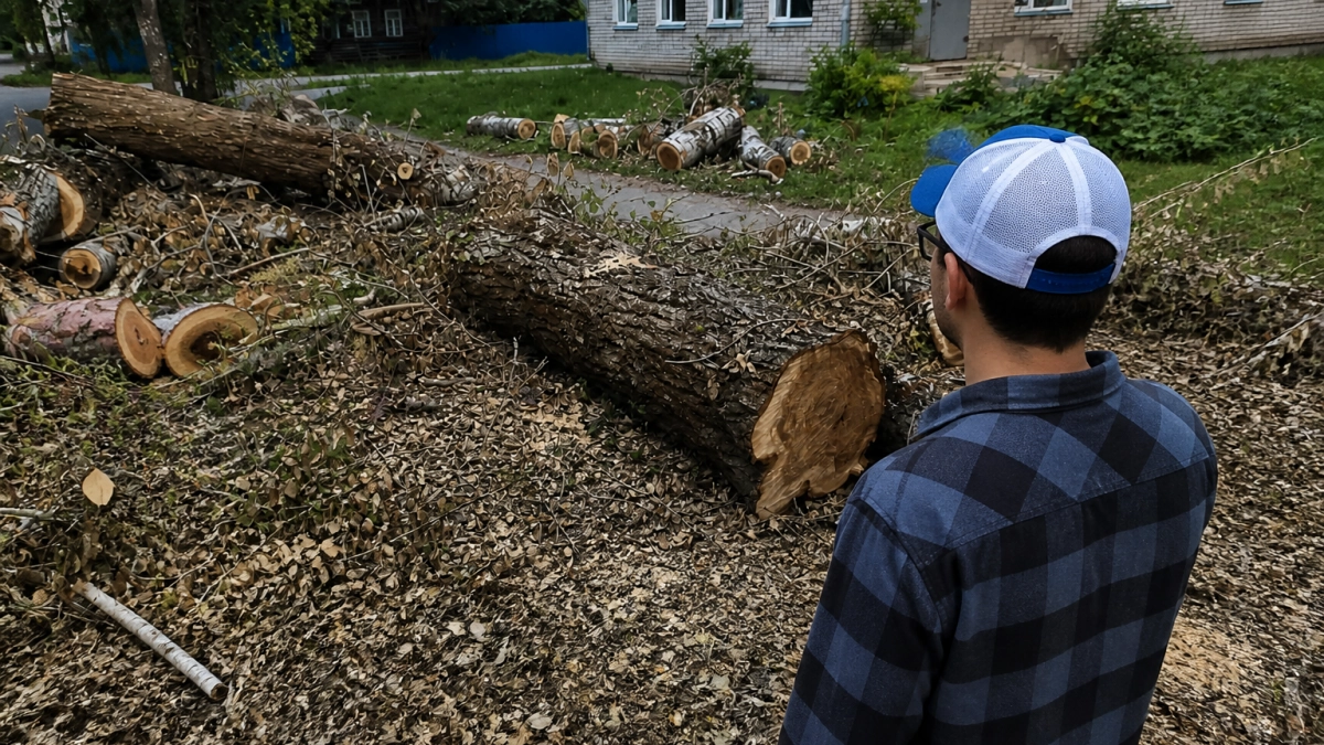 У роддома в Кинешме неделями не убирают спиленный аварийный тополь